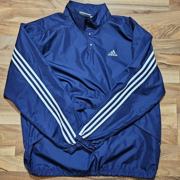 Adidas Mens Large Snap Pullover Windbreaker Jacket Navy Blue 3-Stripes Retro - Picture 1 of 7